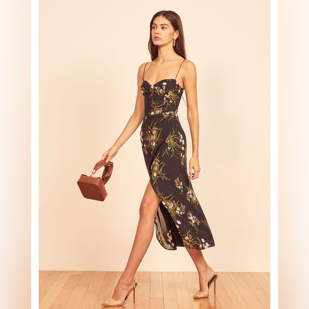 Reformation Women's Kourtney Black Floral Sleeveless Midi Divinity Dress Size 0